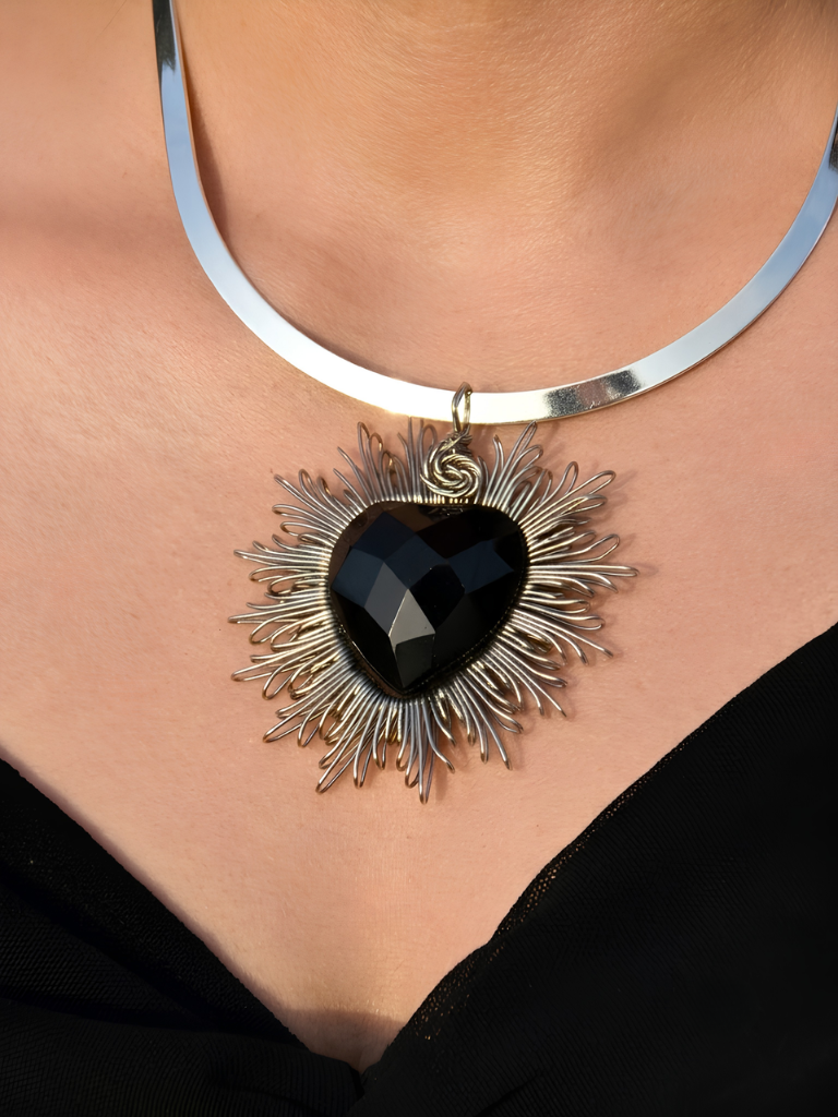 Silver Heart Faceted Obsidan Necklace