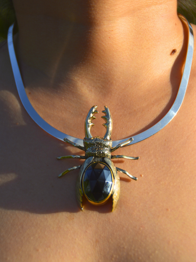 Faceted Obsidian Stag Beetle Necklace