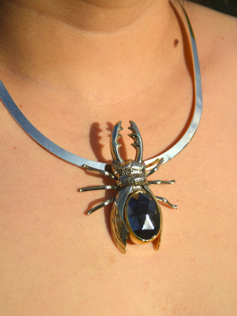Faceted Obsidian Stag Beetle Necklace