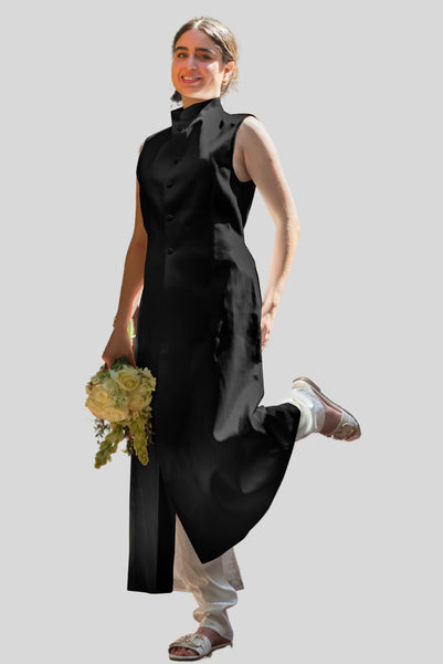 Mandarin Collar Long Vest Black