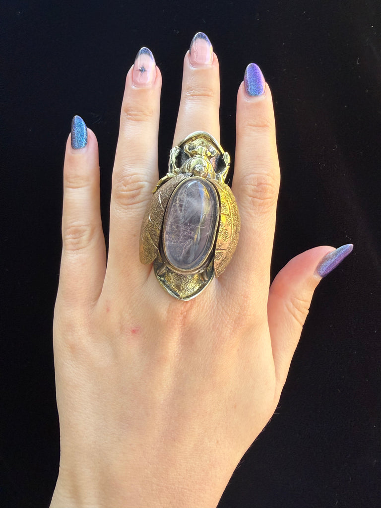 Artisanal Scarab Beetle Oval Amethyst Gemstone Ring