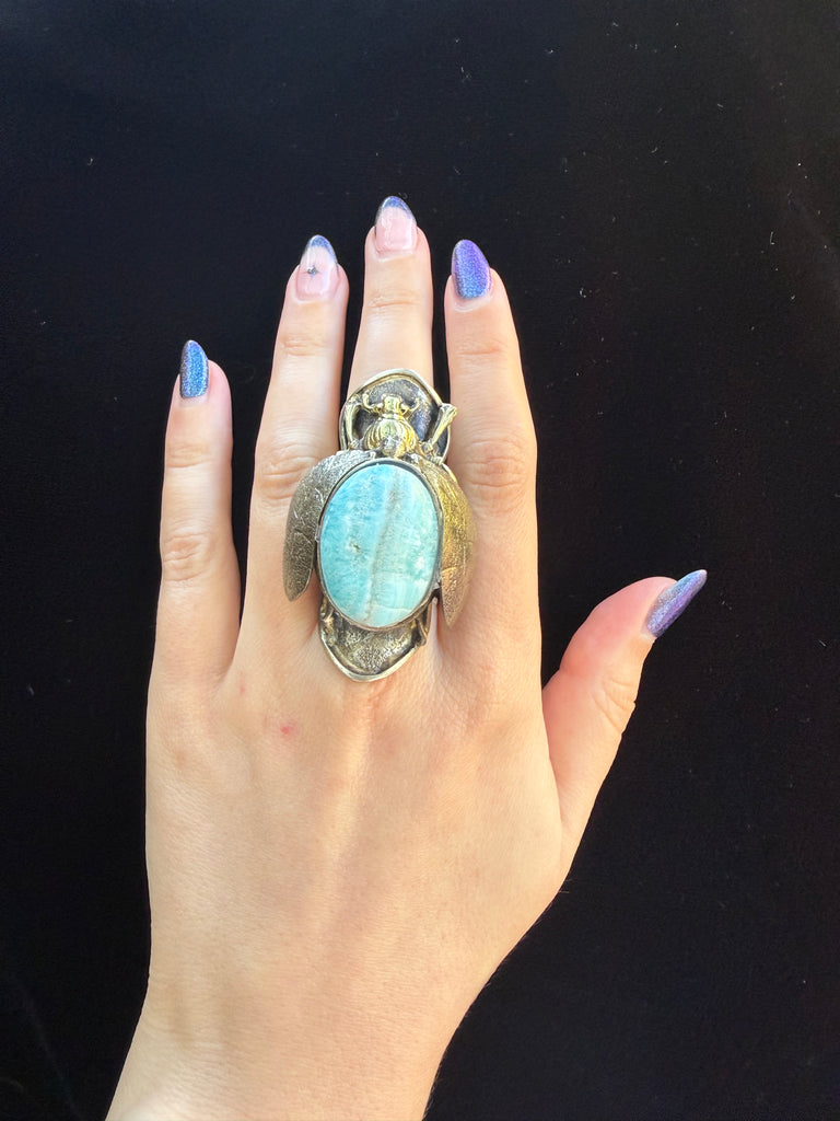 Artisanal Scarab Beetle Larimar Gemstone Ring