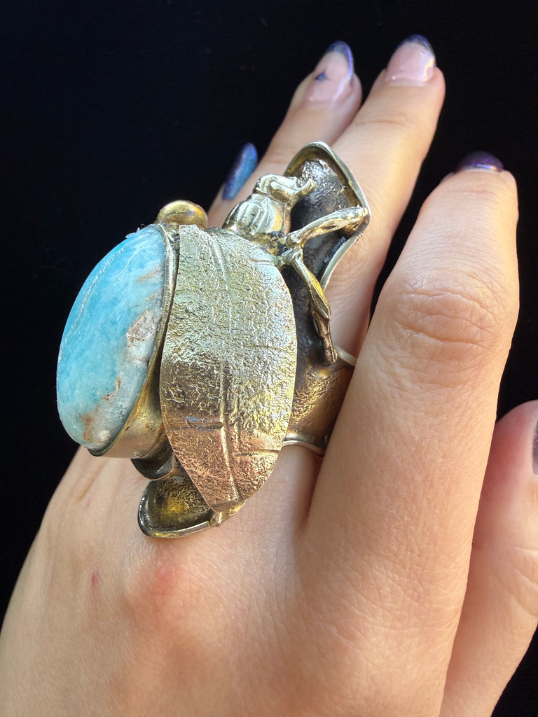 Artisanal Scarab Beetle Larimar Gemstone Ring