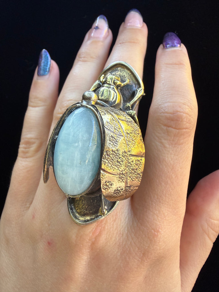 Artisanal Scarab Beetle Oval Moonstone Ring