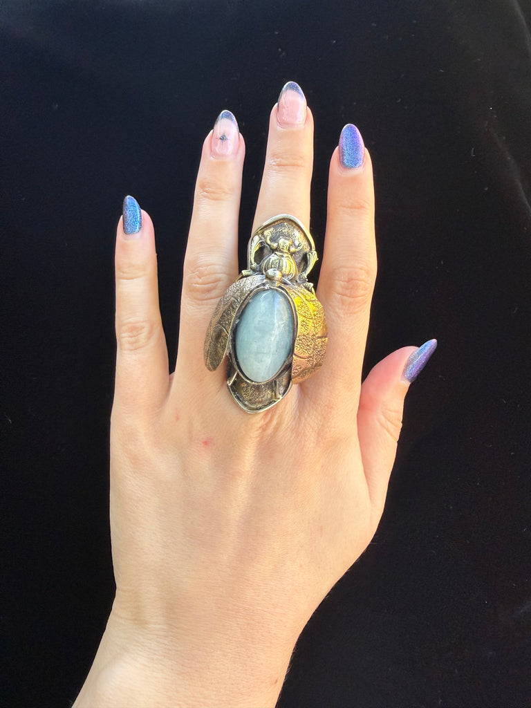 Artisanal Scarab Beetle Oval Moonstone Ring