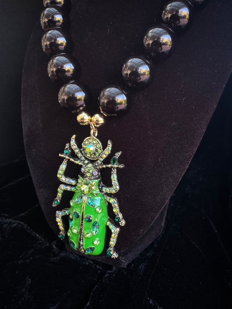 Green Enamel Rhinestone Beetle Necklace