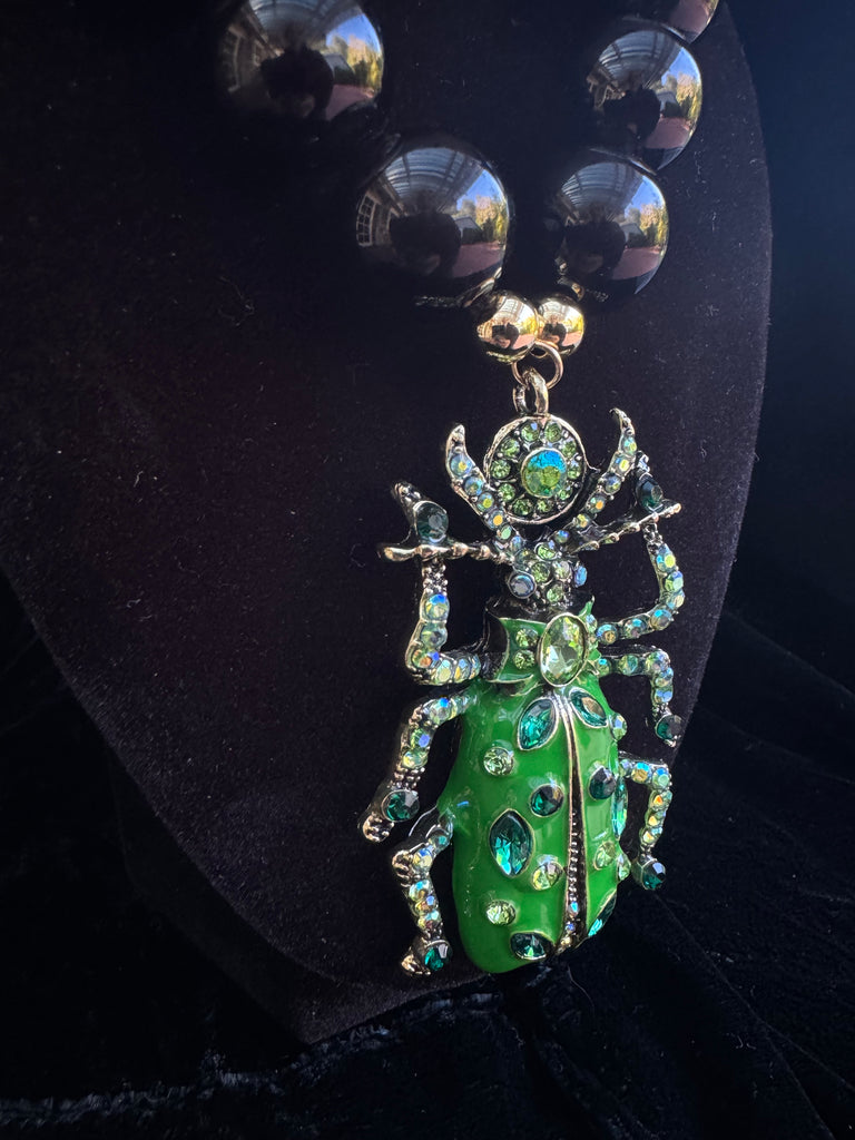 Green Enamel Rhinestone Beetle Necklace