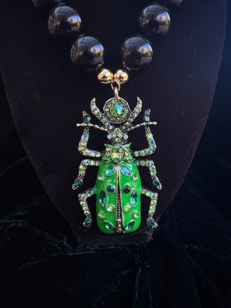 Green Enamel Rhinestone Beetle Necklace