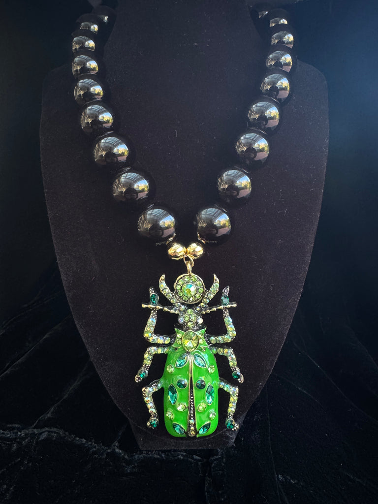 Green Enamel Rhinestone Beetle Necklace