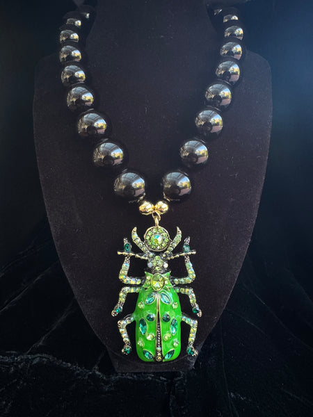 Green Enamel Rhinestone Beetle Necklace