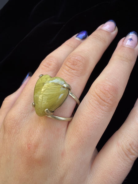 Green Prehnite Gemstone Heart Ring