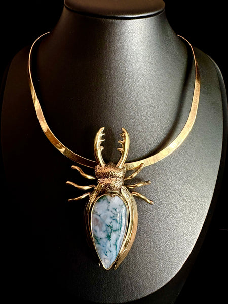 Moss Agate Stag Beetle Necklace