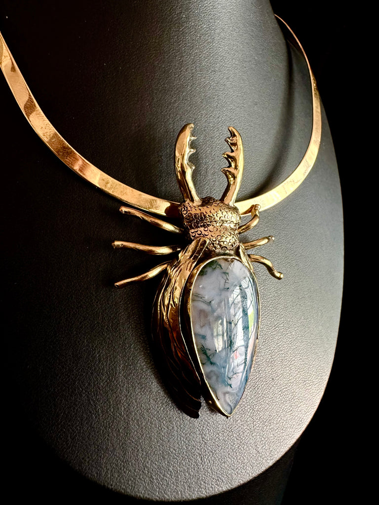 Moss Agate Stag Beetle Necklace
