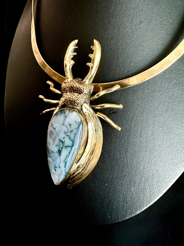 Moss Agate Stag Beetle Necklace