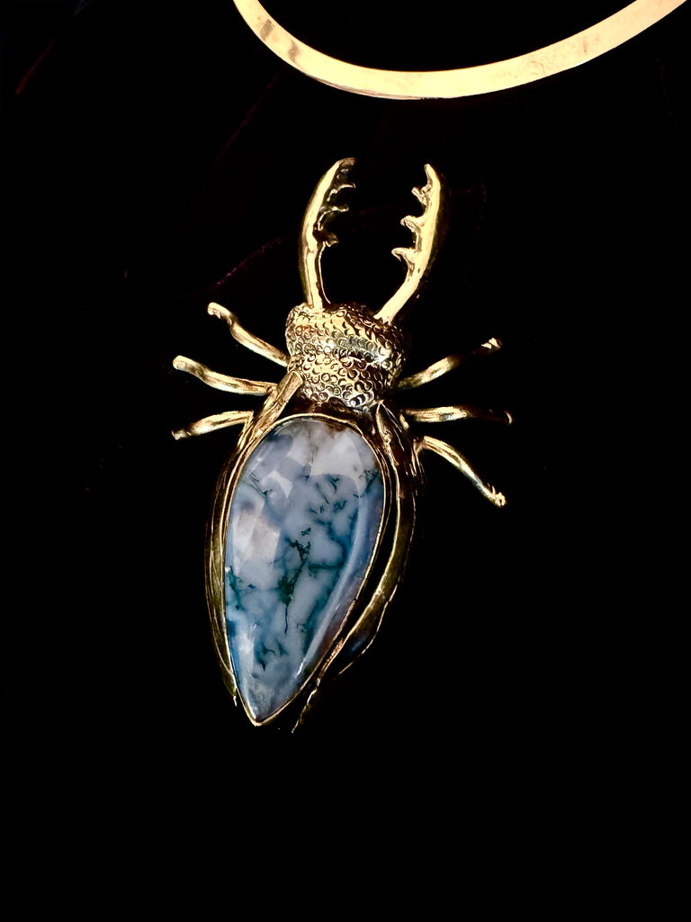 Moss Agate Stag Beetle Necklace