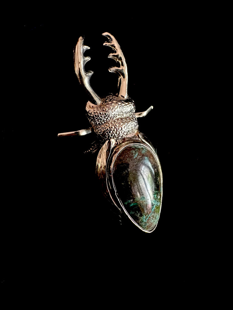 Chrysocolla gemstone on Stag Beetle Ring