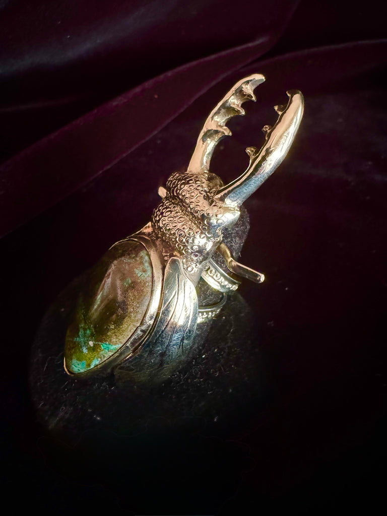Chrysocolla gemstone on Stag Beetle Ring