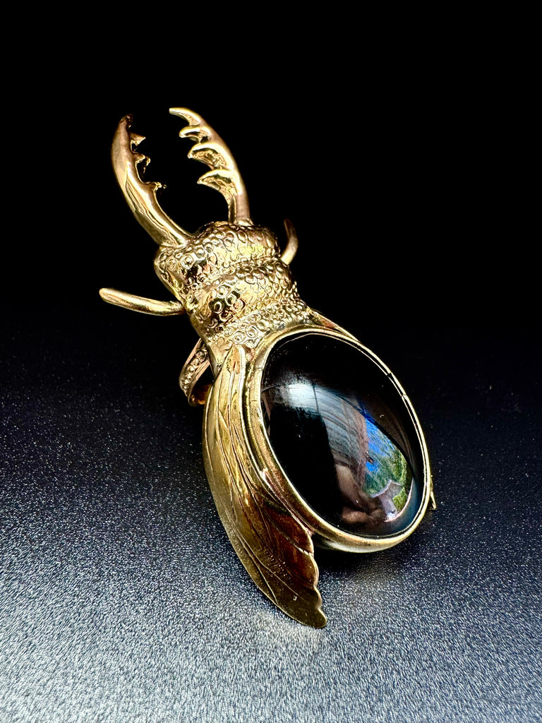 Stag Beetle Oval Obsidian Ring