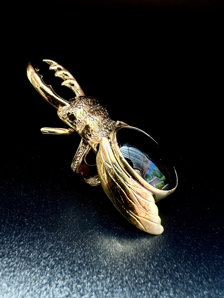 Stag Beetle Oval Obsidian Ring
