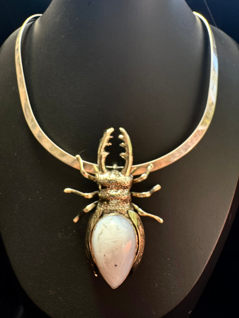 Light Gray Agate Stag Beetle Necklace