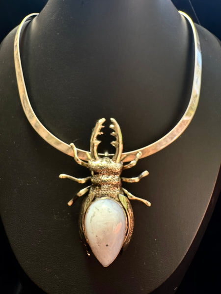 Light Gray Agate Stag Beetle Necklace