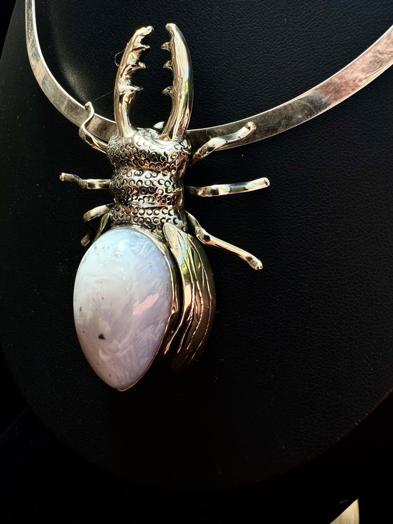 Light Gray Agate Stag Beetle Necklace