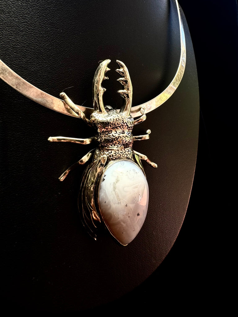 Light Gray Agate Stag Beetle Necklace
