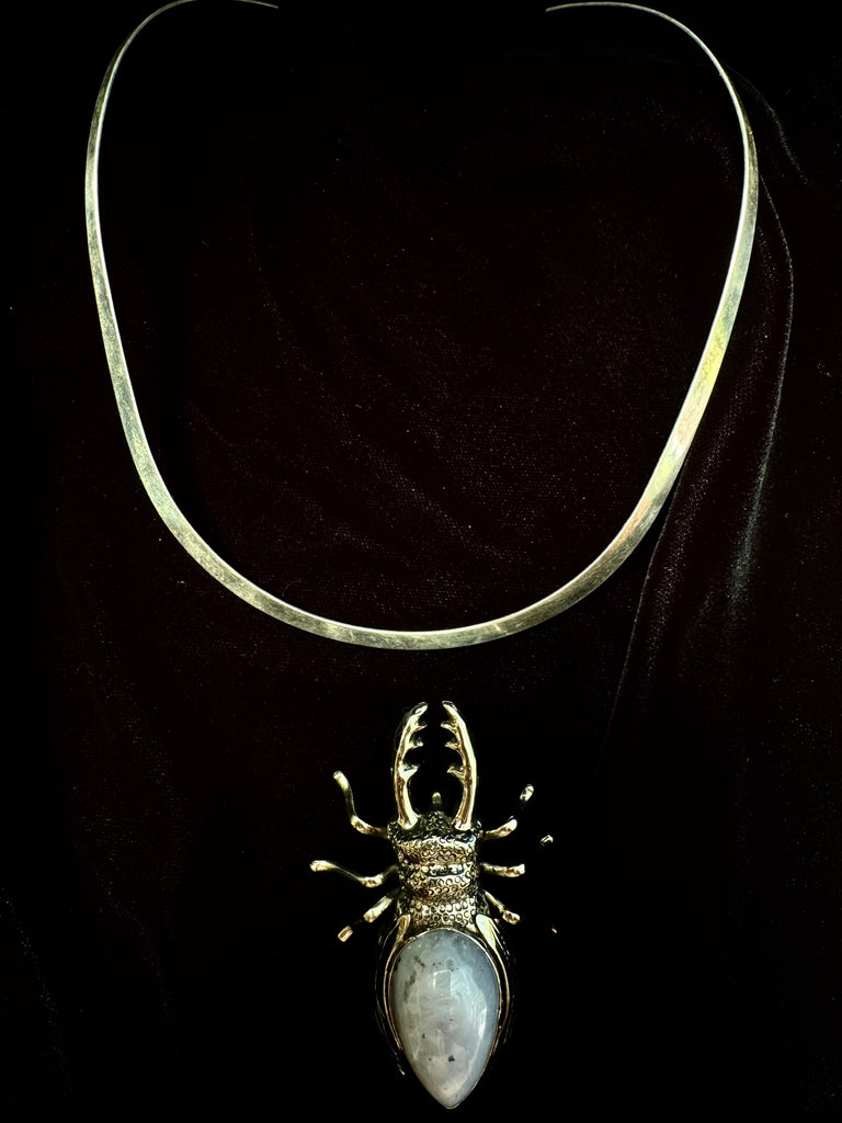 Light Gray Agate Stag Beetle Necklace