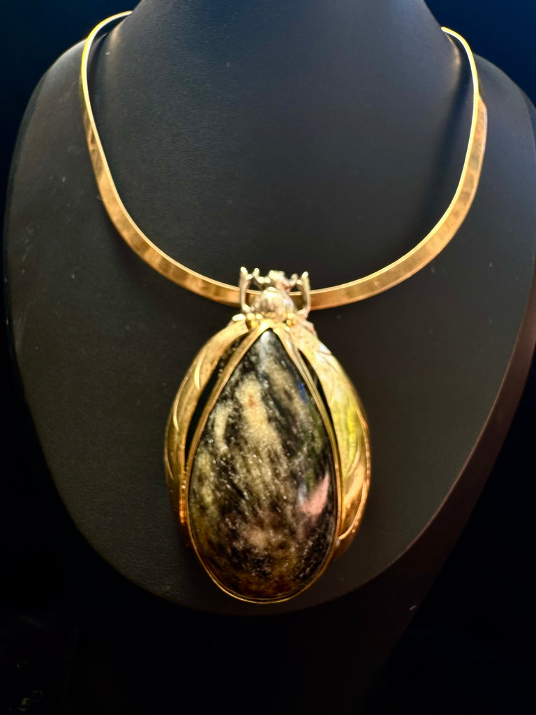 Gold Obsidian Large Scarab Beetle Necklace