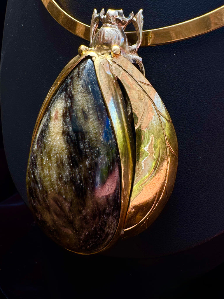Gold Obsidian Large Scarab Beetle Necklace