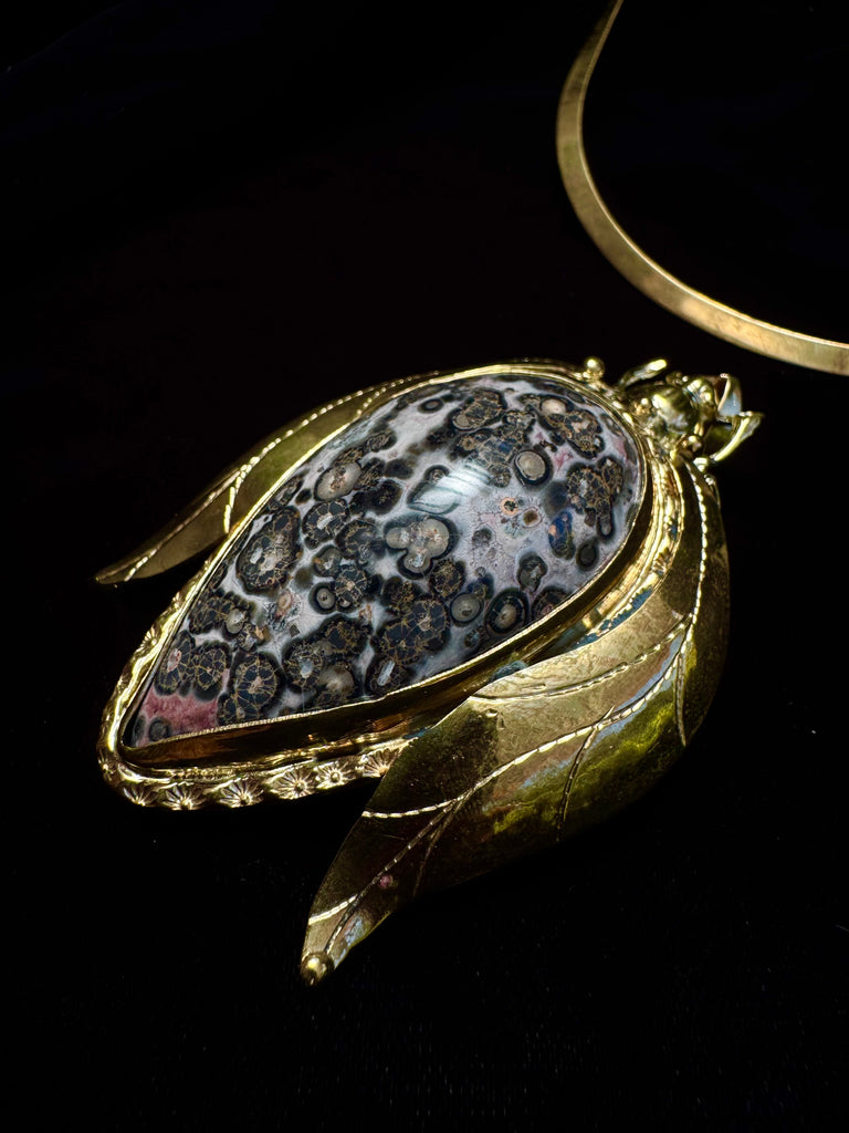 Leopard Skin Jasper Large Scarab Beetle Necklace
