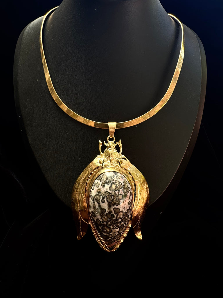 Leopard Skin Jasper Large Scarab Beetle Necklace