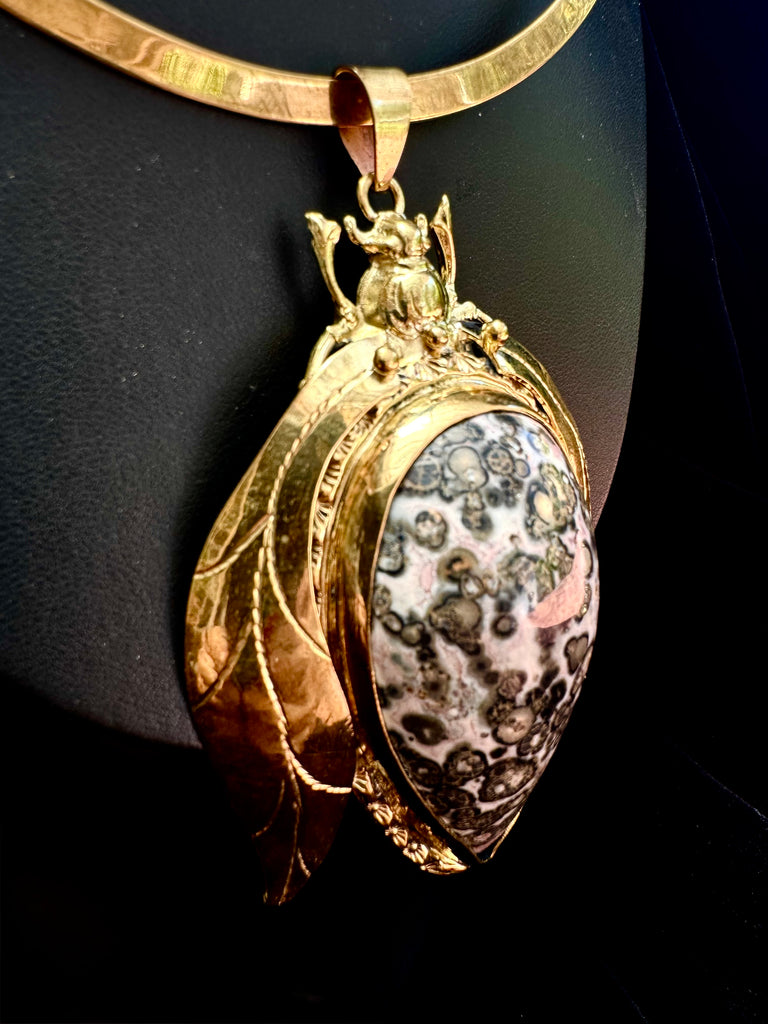 Leopard Skin Jasper Large Scarab Beetle Necklace