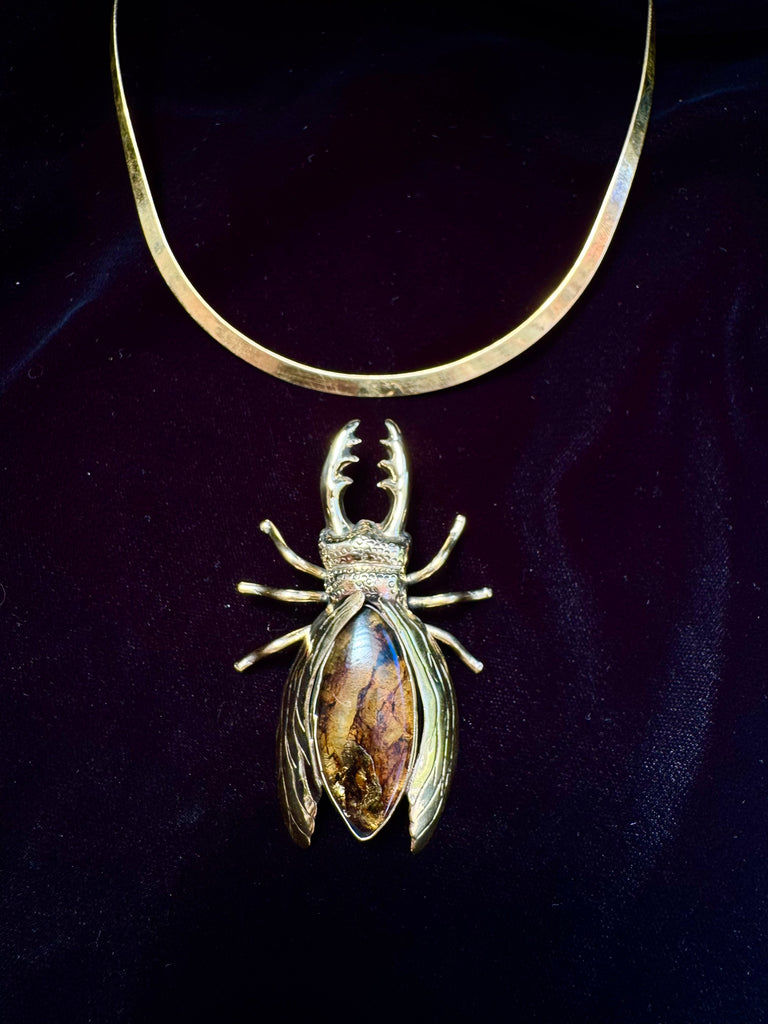 Petrified wood  Stag Beetle Necklace
