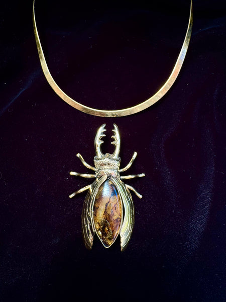 Petrified wood  Stag Beetle Necklace
