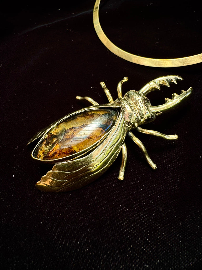 Petrified wood  Stag Beetle Necklace