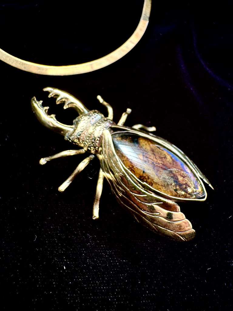 Petrified wood  Stag Beetle Necklace