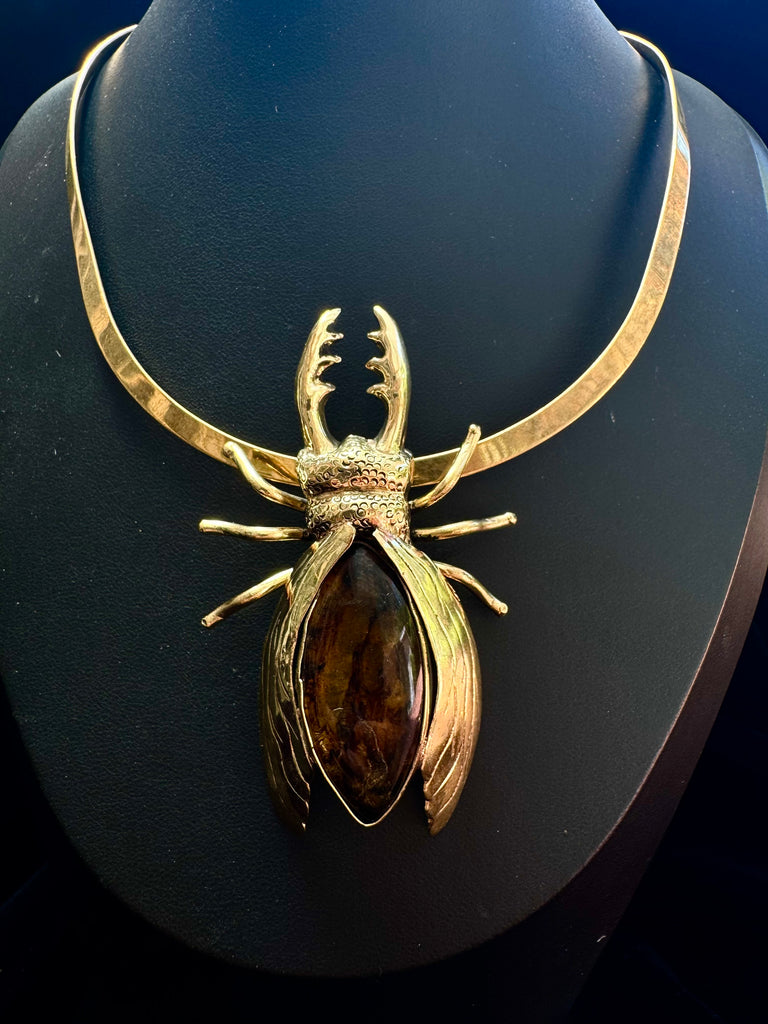 Petrified wood  Stag Beetle Necklace
