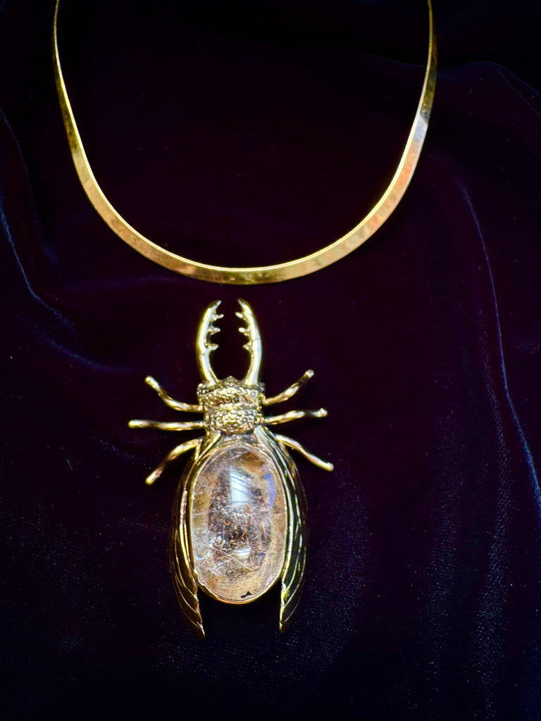 Stag Beetle with Golden Rutilated Quartz Necklace