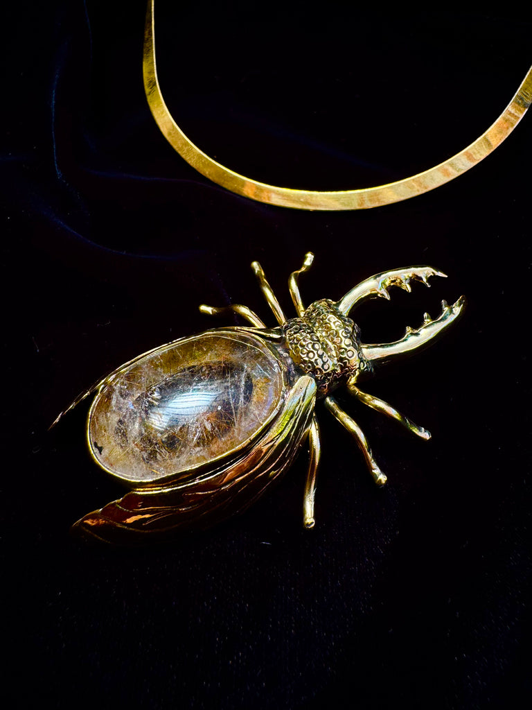 Stag Beetle with Golden Rutilated Quartz Necklace