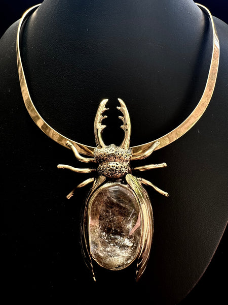 Stag Beetle with Golden Rutilated Quartz Necklace