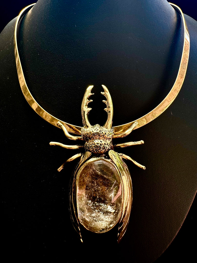 Stag Beetle with Golden Rutilated Quartz Necklace