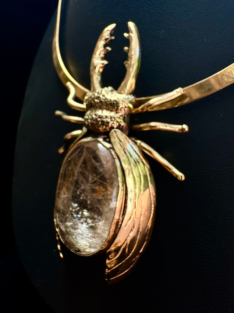 Stag Beetle with Golden Rutilated Quartz Necklace