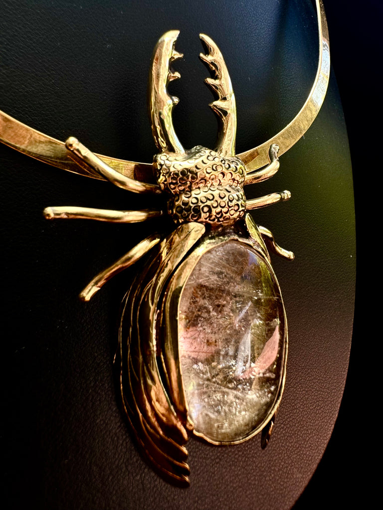 Stag Beetle with Golden Rutilated Quartz Necklace