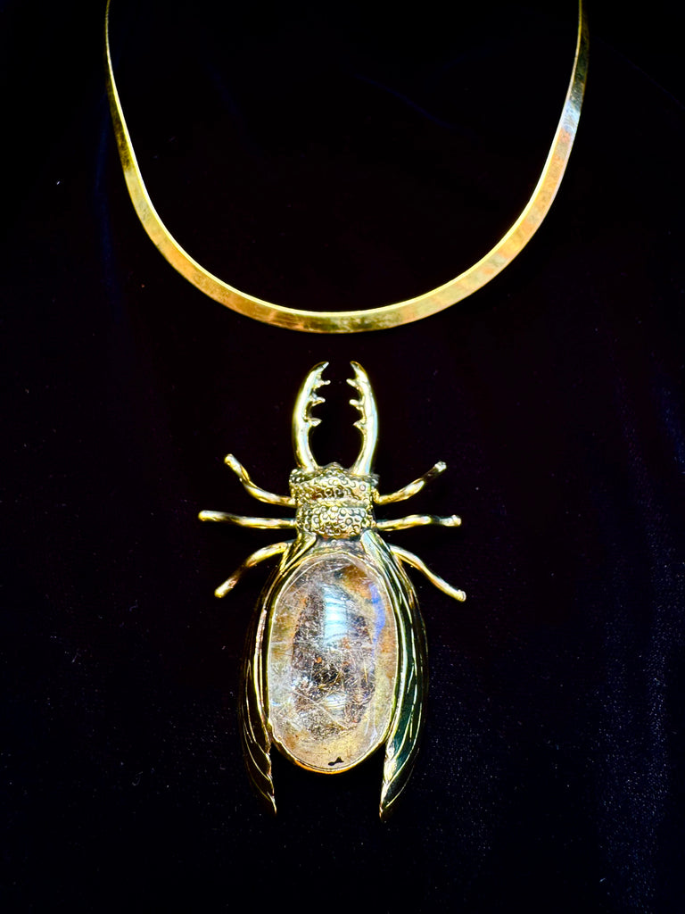 Stag Beetle with Golden Rutilated Quartz Necklace
