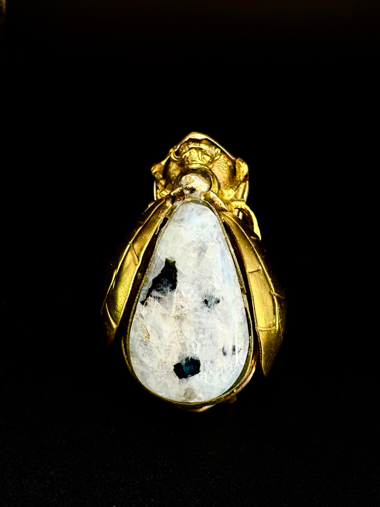 Scarab Beetle Rainbow Moonstone Ring