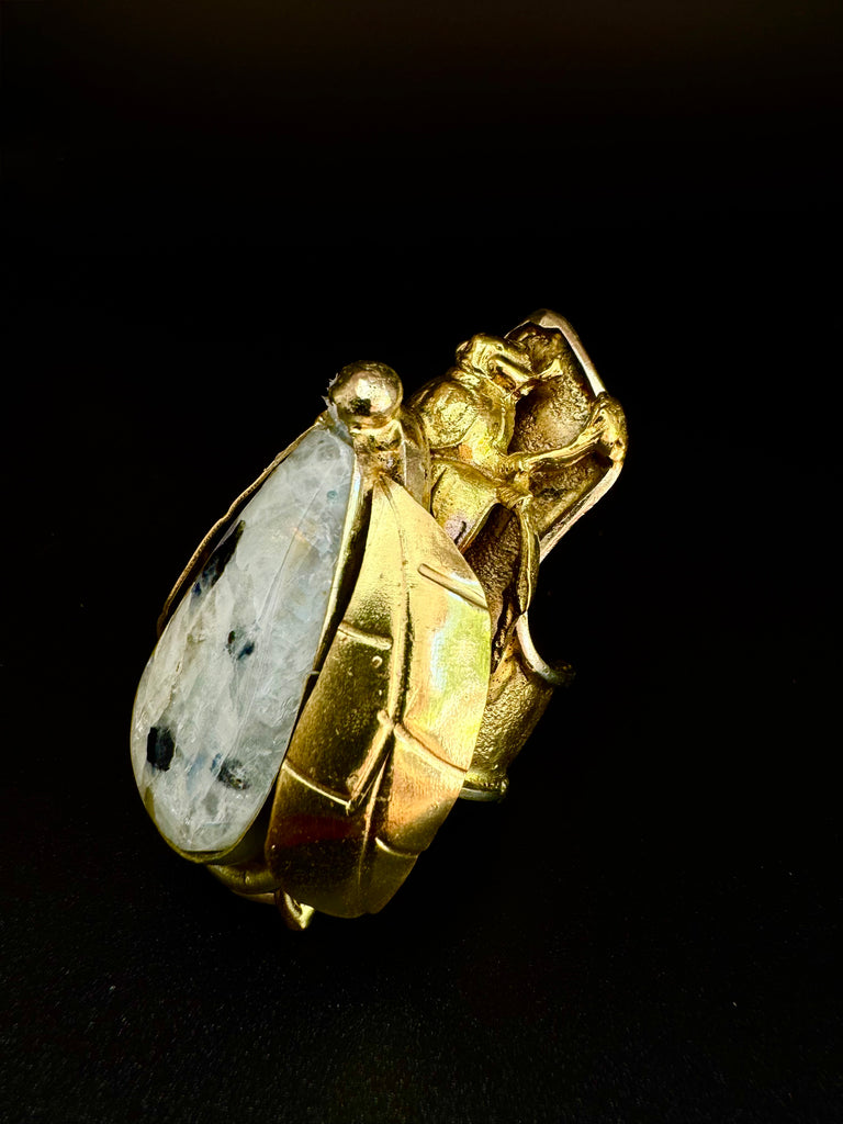 Scarab Beetle Rainbow Moonstone Ring