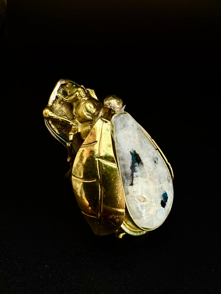 Scarab Beetle Rainbow Moonstone Ring