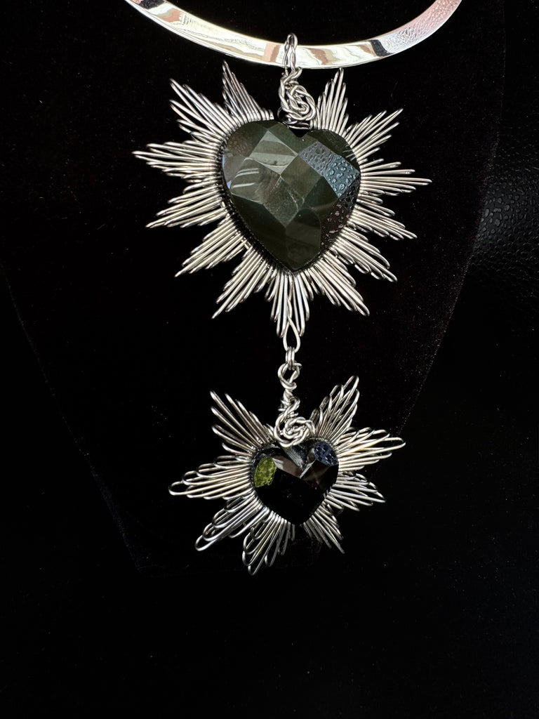 United Hearts Faceted Obsidan Necklace Silver