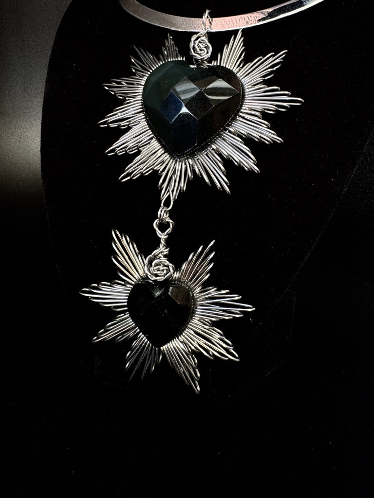 United Hearts Faceted Obsidan Necklace Silver